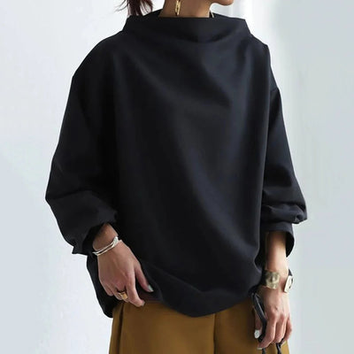 Oversized Blouse | Black | Long Sleeve | High Neck Blouse | Women's Clothing-Grace Aura