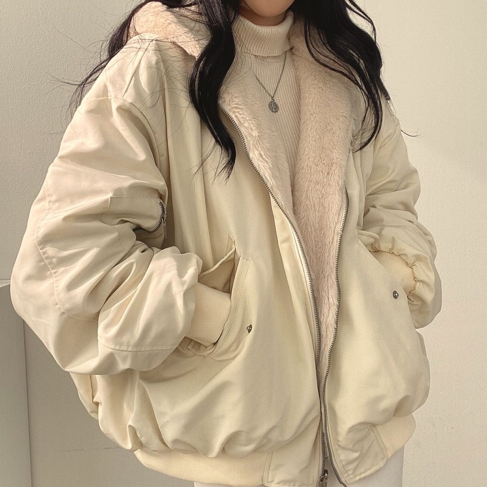 Oversized Bomber Jacket - Fleece-Lined - Zip-Up - Oversized Winter Jacket - Women's Winter Jacket-Grace Aura