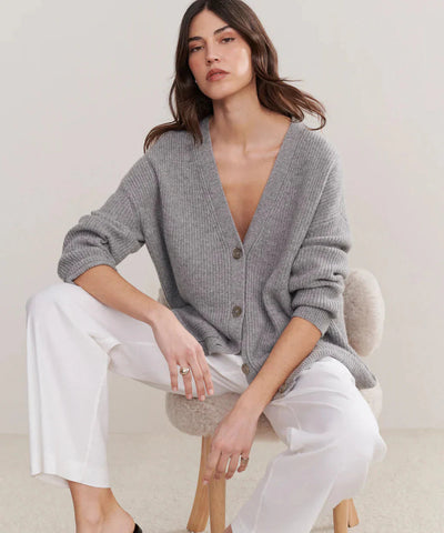 Oversized Cardigan - Women's Button-Up V-Neck Knitted Cashmere Cardigan-Grace Aura