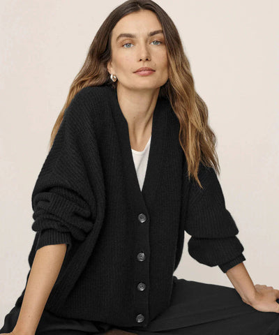 Oversized Cardigan - Women's Button-Up V-Neck Knitted Cashmere Cardigan-Grace Aura