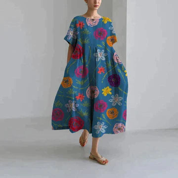 Oversized Dress - Women's Casual Loose Fit printed Midi Dress-Grace Aura