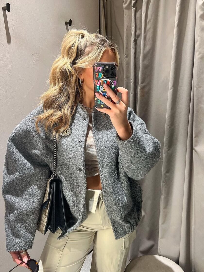 Oversized Jacket | Gray | Autumn | Bomber Jacket | Women's Jacket-Grace Aura