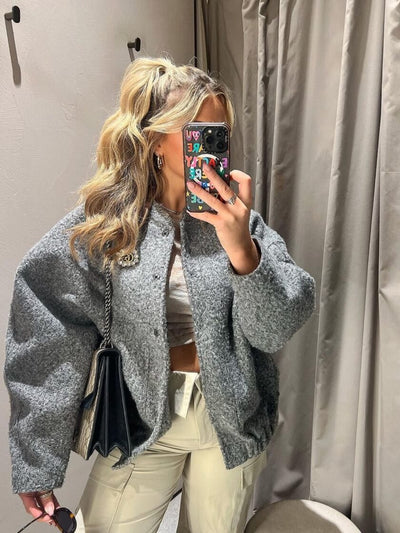 Oversized Jacket | Gray | Autumn | Bomber Jacket | Women's Jacket-Grace Aura
