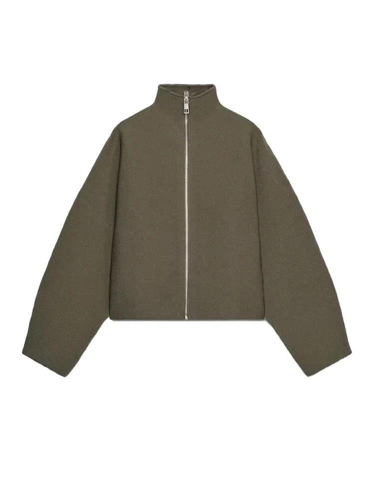 Oversized Jacket - Green - Zip-Up - Cropped Jacket - Women's Jacket-Grace Aura