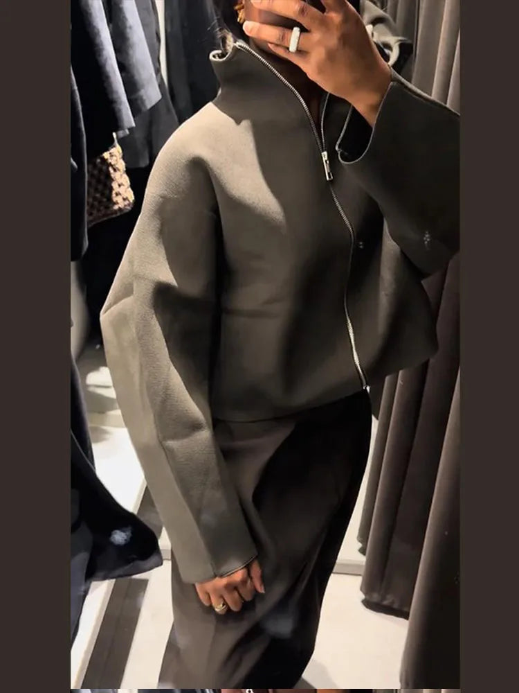 Oversized Jacket - Green - Zip-Up - Cropped Jacket - Women's Jacket-Grace Aura