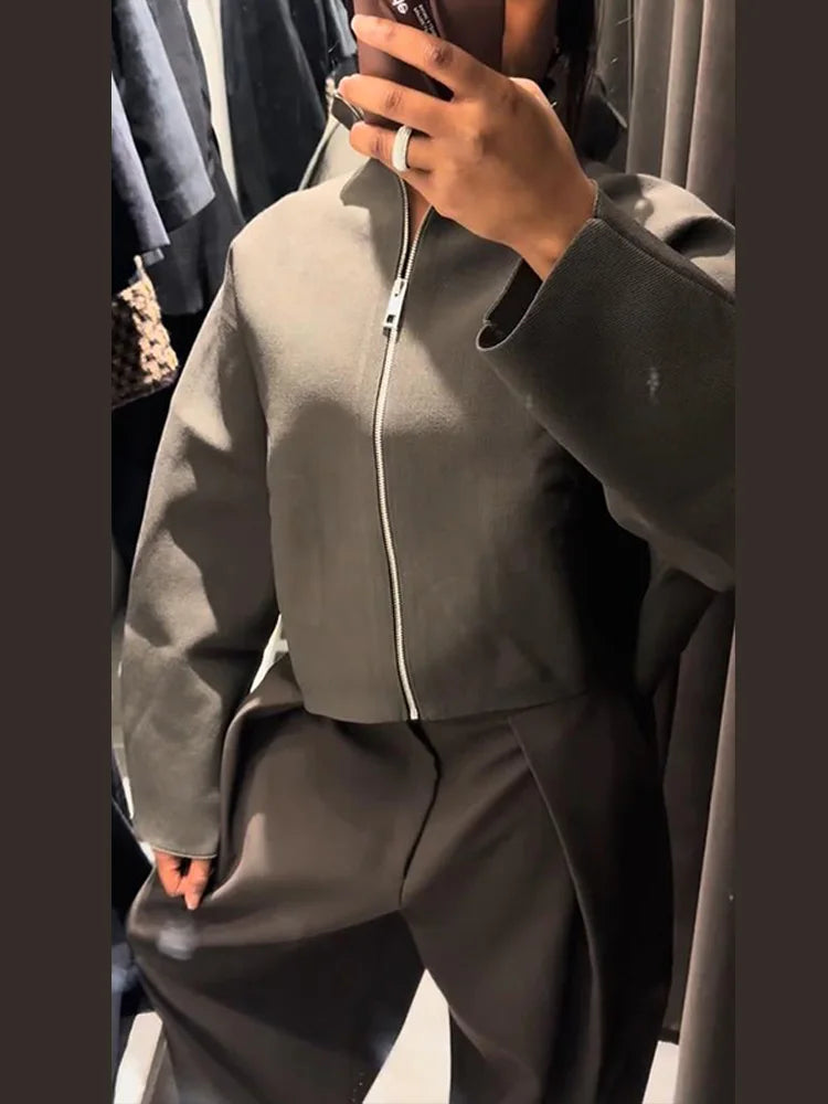 Oversized Jacket - Green - Zip-Up - Cropped Jacket - Women's Jacket-Grace Aura