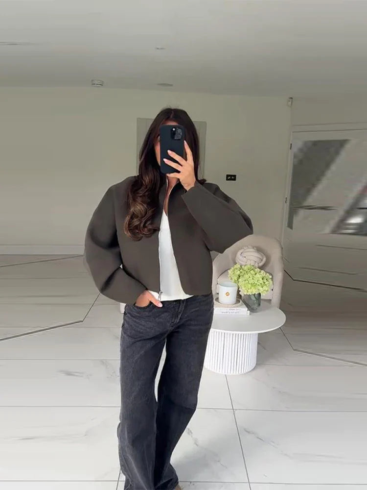 Oversized Jacket - Green - Zip-Up - Cropped Jacket - Women's Jacket-Grace Aura