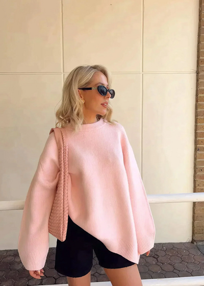 Oversized Jumper - Pink - Round Neck - Knitted Sweater - Women's Jumper-Grace Aura