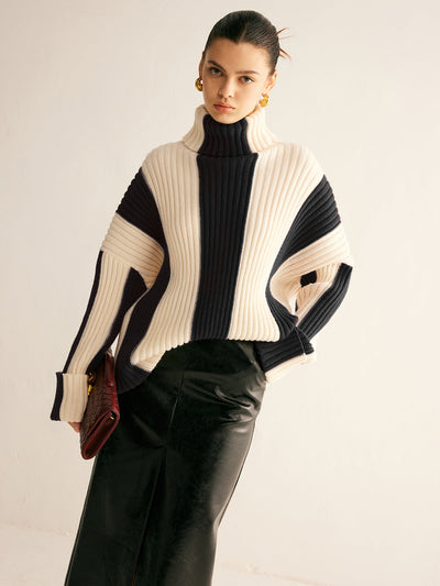 Oversized Jumper - Striped - Turtleneck - Knitted Sweater - Women's Jumper-Grace Aura