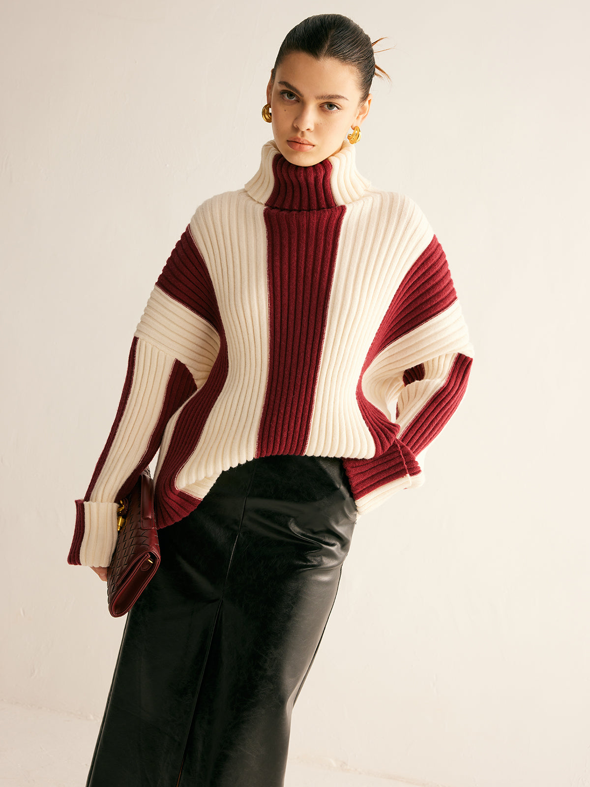 Oversized Jumper - Striped - Turtleneck - Knitted Sweater - Women's Jumper-Grace Aura
