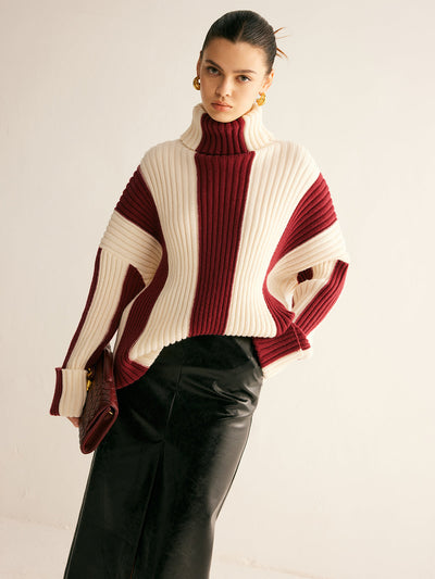 Oversized Jumper - Striped - Turtleneck - Knitted Sweater - Women's Jumper-Grace Aura