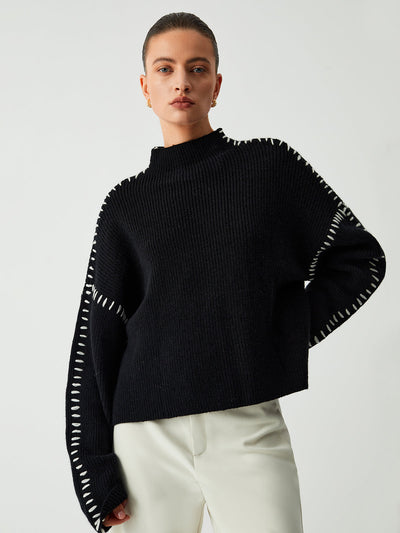 Oversized Jumper - Women's Black High Neck Knitted Sweater-Grace Aura