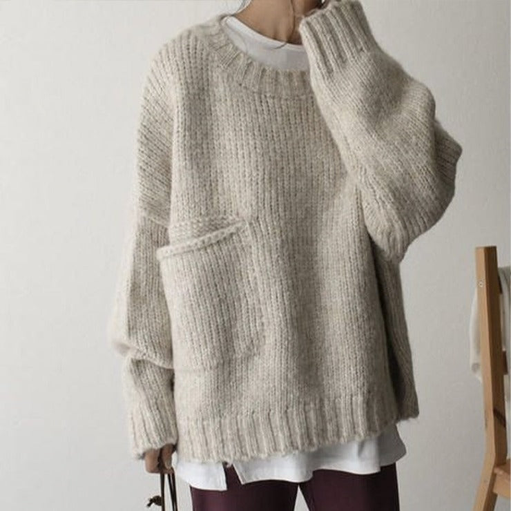Oversized Jumper - Women's Light Grey Loose Fit Chunky Knit Jumper -Grace Aura