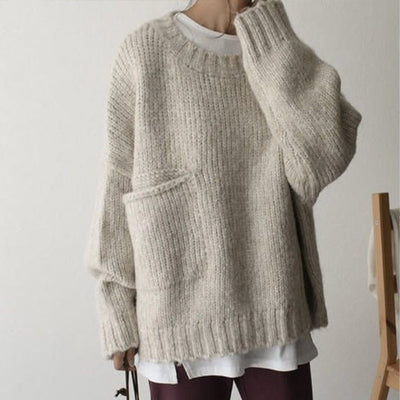 Oversized Jumper - Women's Light Grey Loose Fit Chunky Knit Jumper -Grace Aura