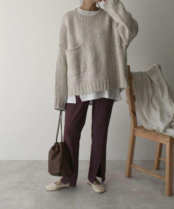 Oversized Jumper - Women's Light Grey Loose Fit Chunky Knit Jumper -Grace Aura