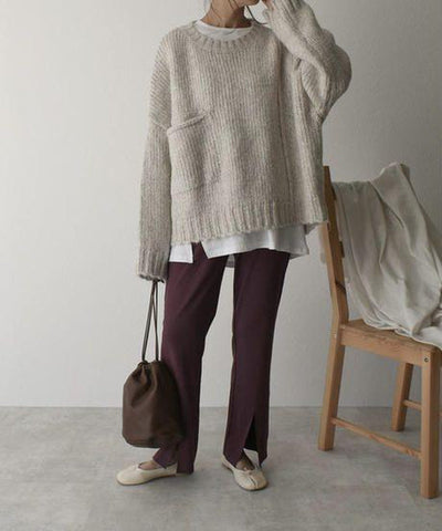 Oversized Jumper - Women's Light Grey Loose Fit Chunky Knit Jumper -Grace Aura