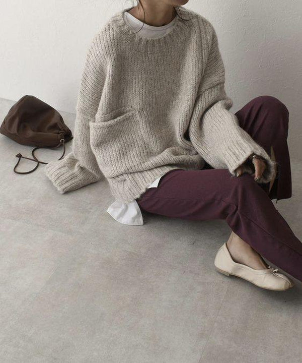 Oversized Jumper - Women's Light Grey Loose Fit Chunky Knit Jumper -Grace Aura