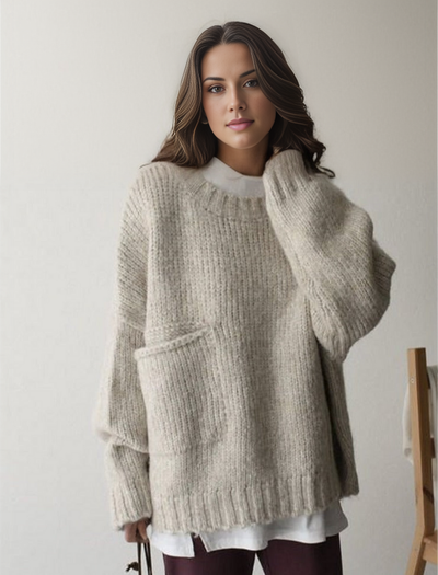 Oversized Jumper - Women's Light Grey Loose Fit Chunky Knit Jumper -Grace Aura
