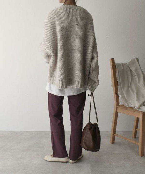 Oversized Jumper - Women's Light Grey Loose Fit Chunky Knit Jumper -Grace Aura