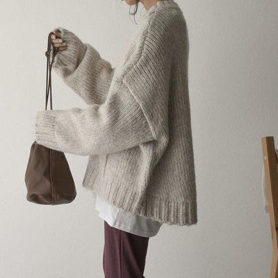 Oversized Jumper - Women's Light Grey Loose Fit Chunky Knit Jumper -Grace Aura