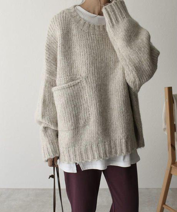 Oversized Jumper - Women's Light Grey Loose Fit Chunky Knit Jumper -Grace Aura