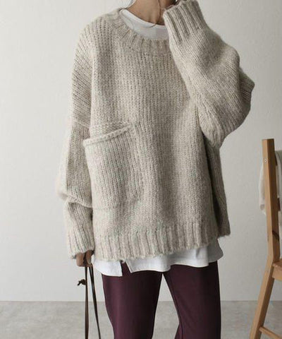 Oversized Jumper - Women's Light Grey Loose Fit Chunky Knit Jumper -Grace Aura