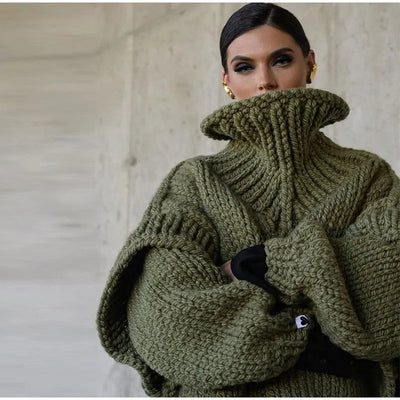 Oversized Sweater | Turtleneck | Knitted | Chunky Pullover | Women's Knitwear-Grace Aura