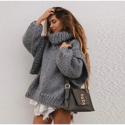 Oversized Sweater | Turtleneck | Knitted | Chunky Pullover | Women's Knitwear-Grace Aura