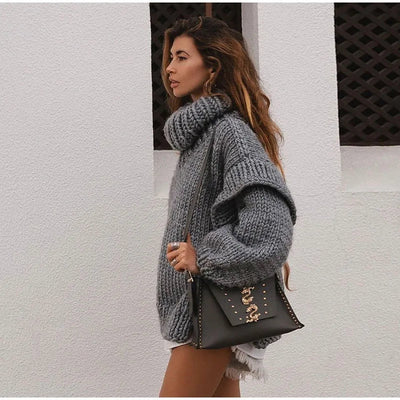 Oversized Sweater | Turtleneck | Knitted | Chunky Pullover | Women's Knitwear-Grace Aura