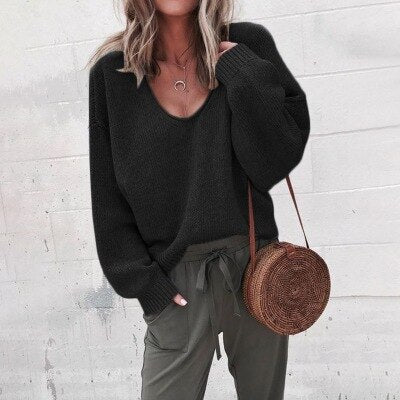 Oversized Sweater - V-Neck - Loose Fit - Knitted Sweater - Women's Knitwear-Grace Aura