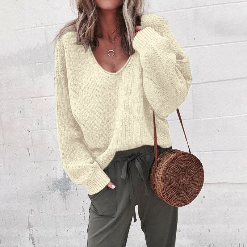 Oversized Sweater - V-Neck - Loose Fit - Knitted Sweater - Women's Knitwear-Grace Aura
