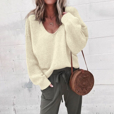 Oversized Sweater - V-Neck - Loose Fit - Knitted Sweater - Women's Knitwear-Grace Aura