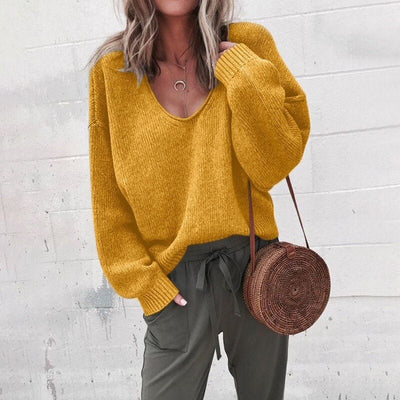 Oversized Sweater - V-Neck - Loose Fit - Knitted Sweater - Women's Knitwear-Grace Aura