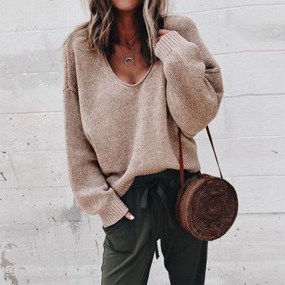 Oversized Sweater - V-Neck - Loose Fit - Knitted Sweater - Women's Knitwear-Grace Aura
