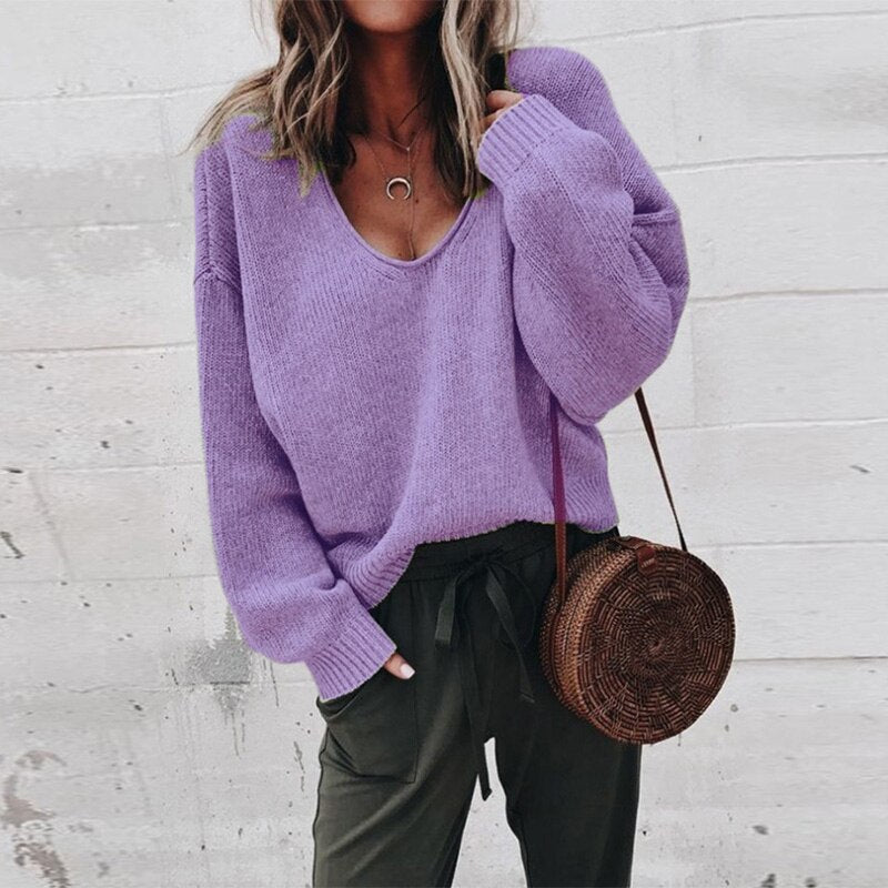 Oversized Sweater - V-Neck - Loose Fit - Knitted Sweater - Women's Knitwear-Grace Aura