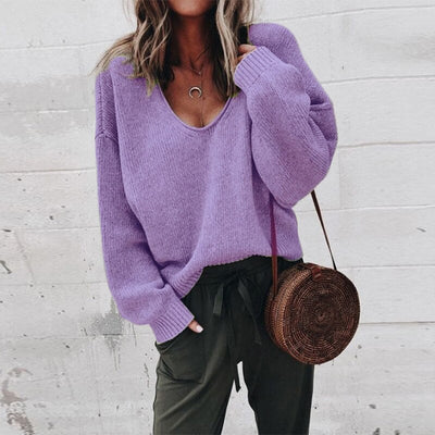 Oversized Sweater - V-Neck - Loose Fit - Knitted Sweater - Women's Knitwear-Grace Aura