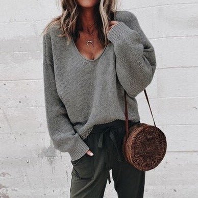 Oversized Sweater - V-Neck - Loose Fit - Knitted Sweater - Women's Knitwear-Grace Aura
