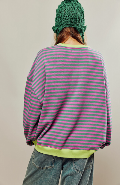 Oversized Sweater - Women's Striped Oversized Long Sleeve Shirt-Grace Aura