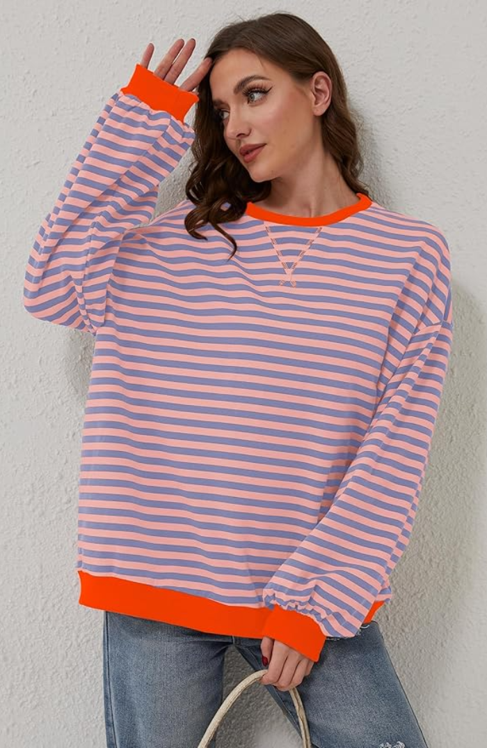 Oversized Sweater - Women's Striped Oversized Long Sleeve Shirt-Grace Aura