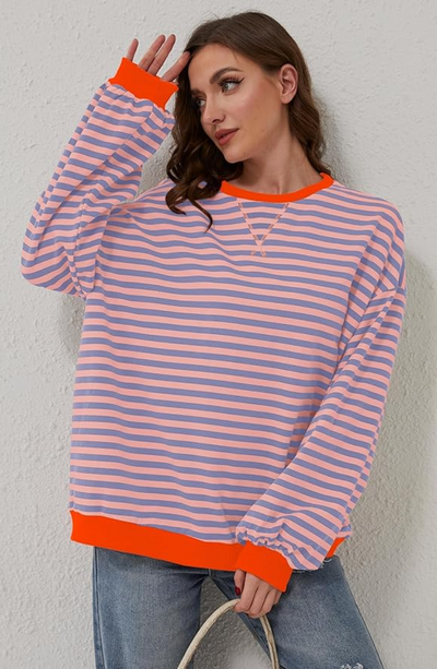 Oversized Sweater - Women's Striped Oversized Long Sleeve Shirt-Grace Aura