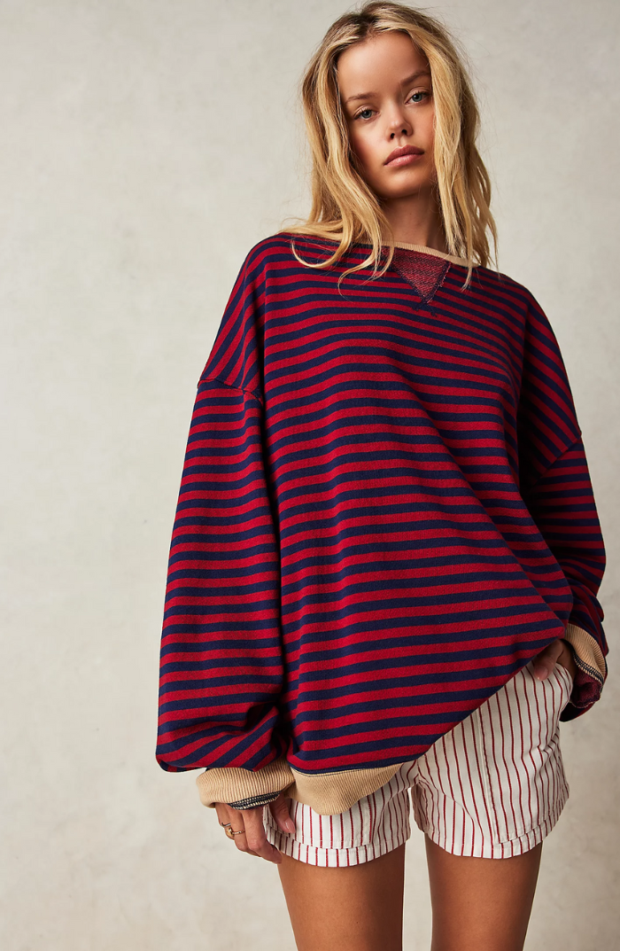 Oversized Sweater - Women's Striped Oversized Long Sleeve Shirt-Grace Aura