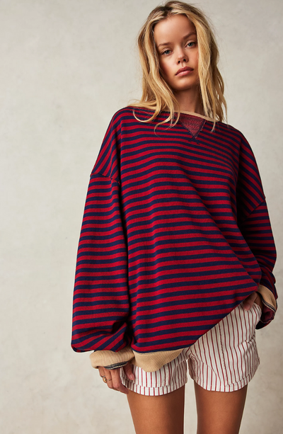 Oversized Sweater - Women's Striped Oversized Long Sleeve Shirt-Grace Aura