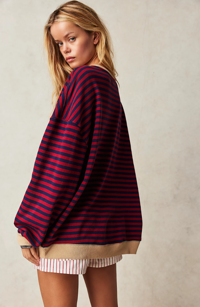 Oversized Sweater - Women's Striped Oversized Long Sleeve Shirt-Grace Aura