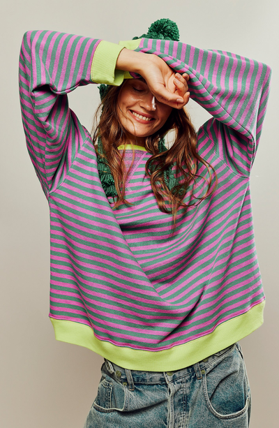 Oversized Sweater - Women's Striped Oversized Long Sleeve Shirt-Grace Aura