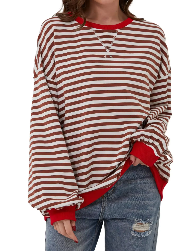 Oversized Sweatshirt | Loose Fit | Long Sleeve | Striped Pullover | Women's Clothing-Grace Aura