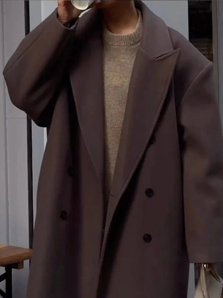 Oversized Wool Coat - Women's Double Breasted Long Wool Coat-Grace Aura