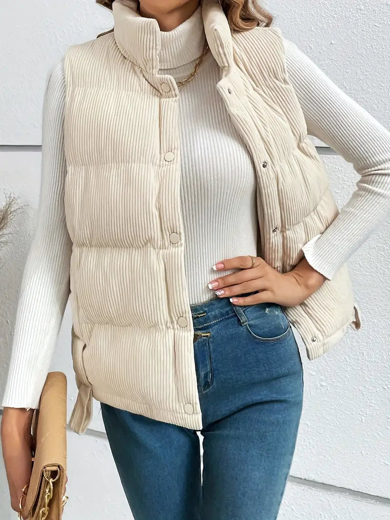 Padded Gilet - Beige - Collar - Corduroy Vest - Women's Vest-Grace Aura