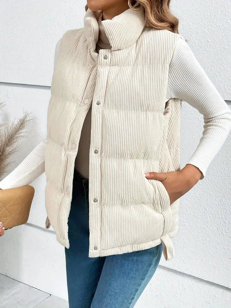Padded Gilet - Beige - Collar - Corduroy Vest - Women's Vest-Grace Aura