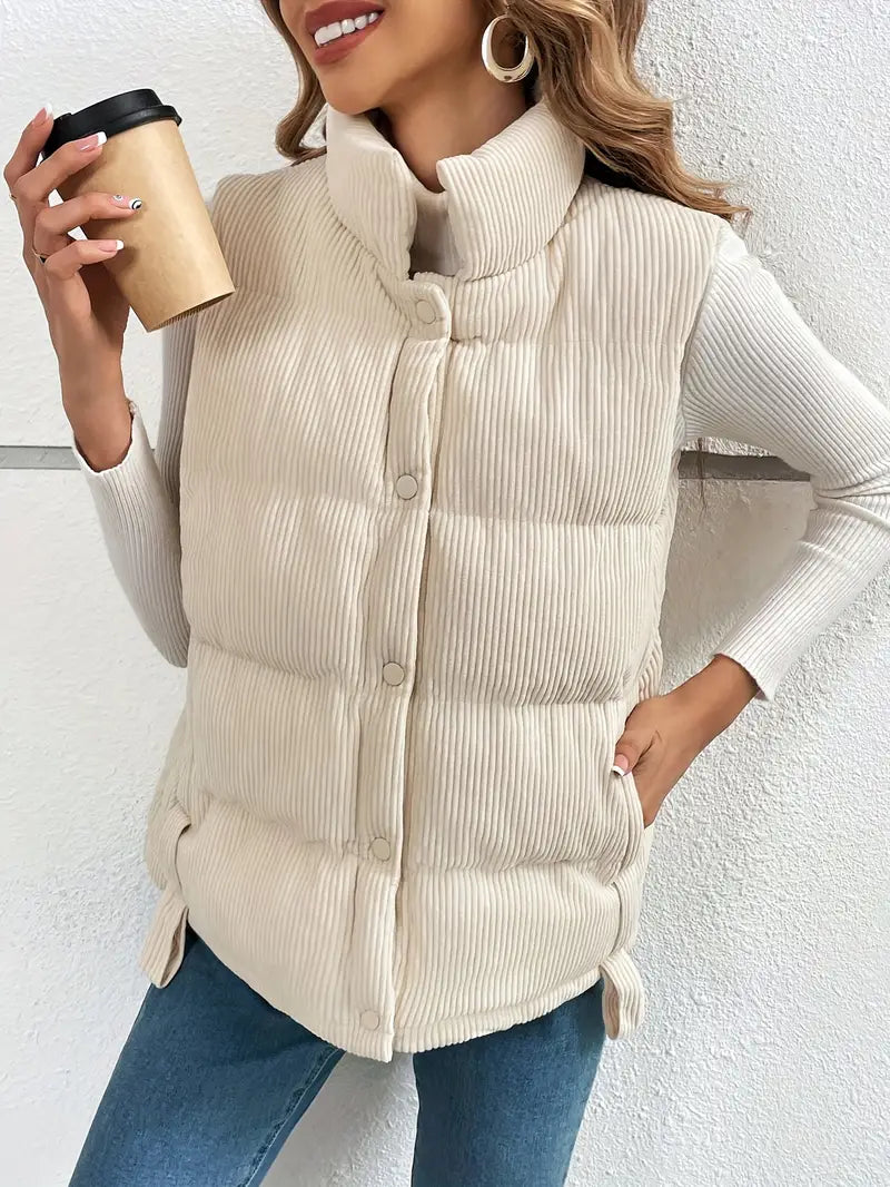 Padded Gilet - Beige - Collar - Corduroy Vest - Women's Vest-Grace Aura