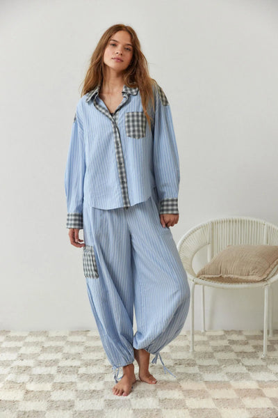 Pajama Set - Women's Long Sleeve Plaid Cotton Pajama Set-Grace Aura